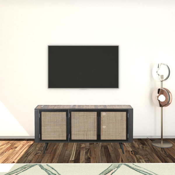 Homeroots Rustic Black Natural And Rattan Media Cabinet With Three Doors  Solid And Manufactured Wood 397768