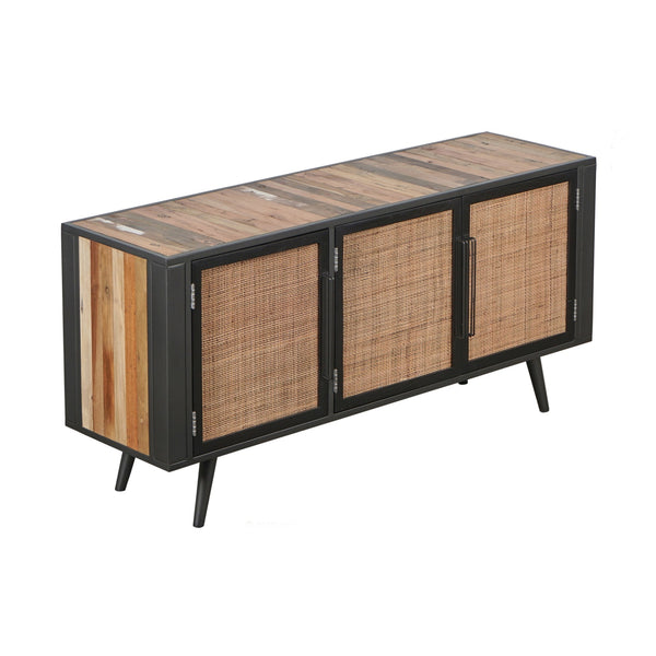 Homeroots Rustic Black Natural And Rattan Media Cabinet With Three Doors  Solid And Manufactured Wood 397768