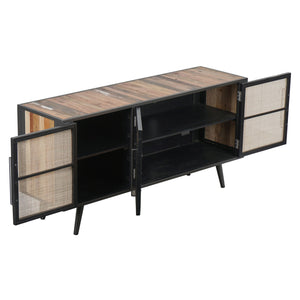 Homeroots Rustic Black Natural And Rattan Media Cabinet With Three Doors  Solid And Manufactured Wood 397768