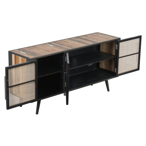 Homeroots Rustic Black Natural And Rattan Media Cabinet With Three Doors  Solid And Manufactured Wood 397768