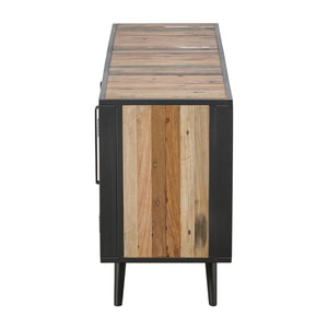 Homeroots Rustic Black Natural And Rattan Media Cabinet With Three Doors  Solid And Manufactured Wood 397768