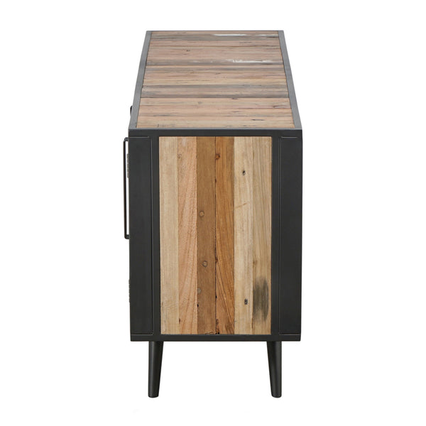 Homeroots Rustic Black Natural And Rattan Media Cabinet With Three Doors  Solid And Manufactured Wood 397768