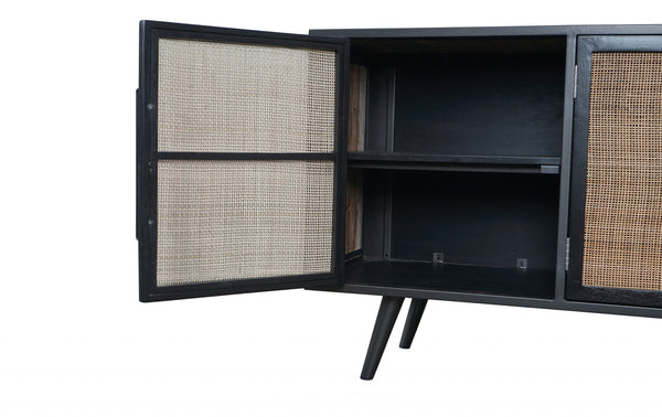 Homeroots Rustic Black Natural And Rattan Media Cabinet With Three Doors  Solid And Manufactured Wood 397768