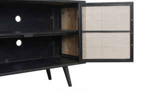 Homeroots Rustic Black Natural And Rattan Media Cabinet With Three Doors  Solid And Manufactured Wood 397768