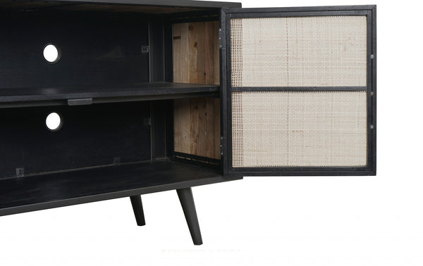 Homeroots Rustic Black Natural And Rattan Media Cabinet With Three Doors  Solid And Manufactured Wood 397768