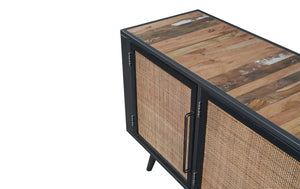 Homeroots Rustic Black Natural And Rattan Media Cabinet With Three Doors  Solid And Manufactured Wood 397768