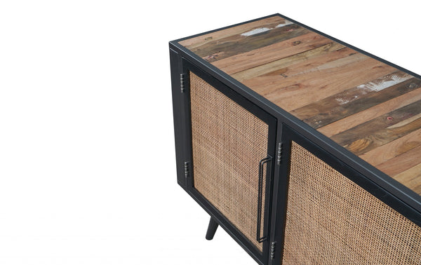Homeroots Rustic Black Natural And Rattan Media Cabinet With Three Doors  Solid And Manufactured Wood 397768