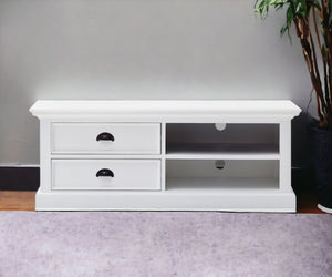 Homeroots 47" White Solid Wood Drawers And Open Shelving Entertainment Center  Solid Wood 397771