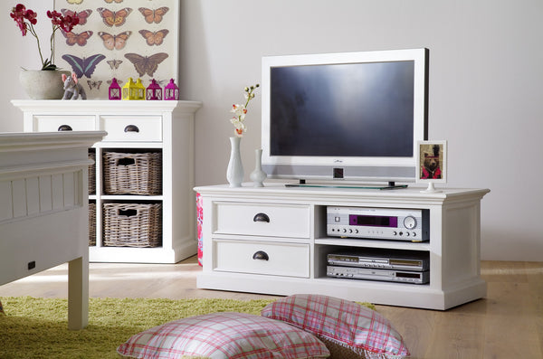 Homeroots 47" White Solid Wood Drawers And Open Shelving Entertainment Center  Solid Wood 397771