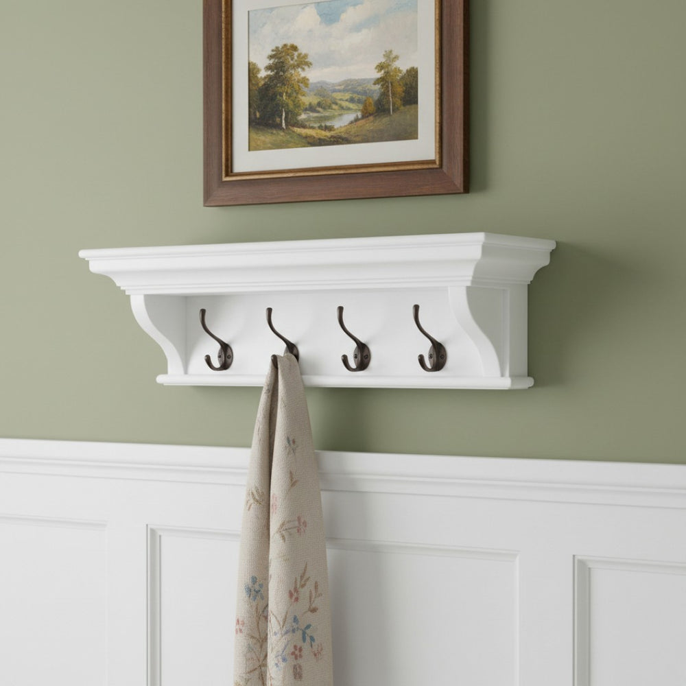 HomeRoots Classic White Wood Wall-Mounted Coat Rack with 4 Antiqued Brass Hooks and Display Shelf for Entryways 397774