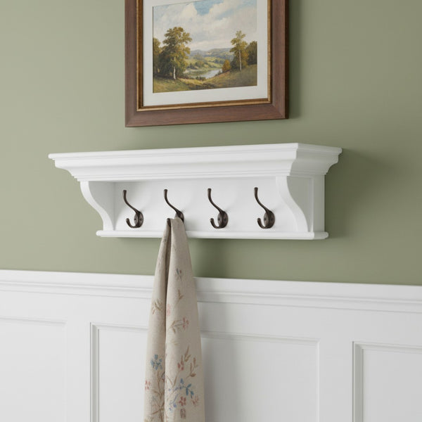 HomeRoots Classic White Wood Wall-Mounted Coat Rack with 4 Antiqued Brass Hooks and Display Shelf for Entryways 397774