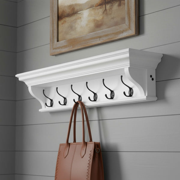 HomeRoots Classic White Wood Coat Rack with Six Brass Hooks and Elegant Display Shelf for Organized Entryways 397775