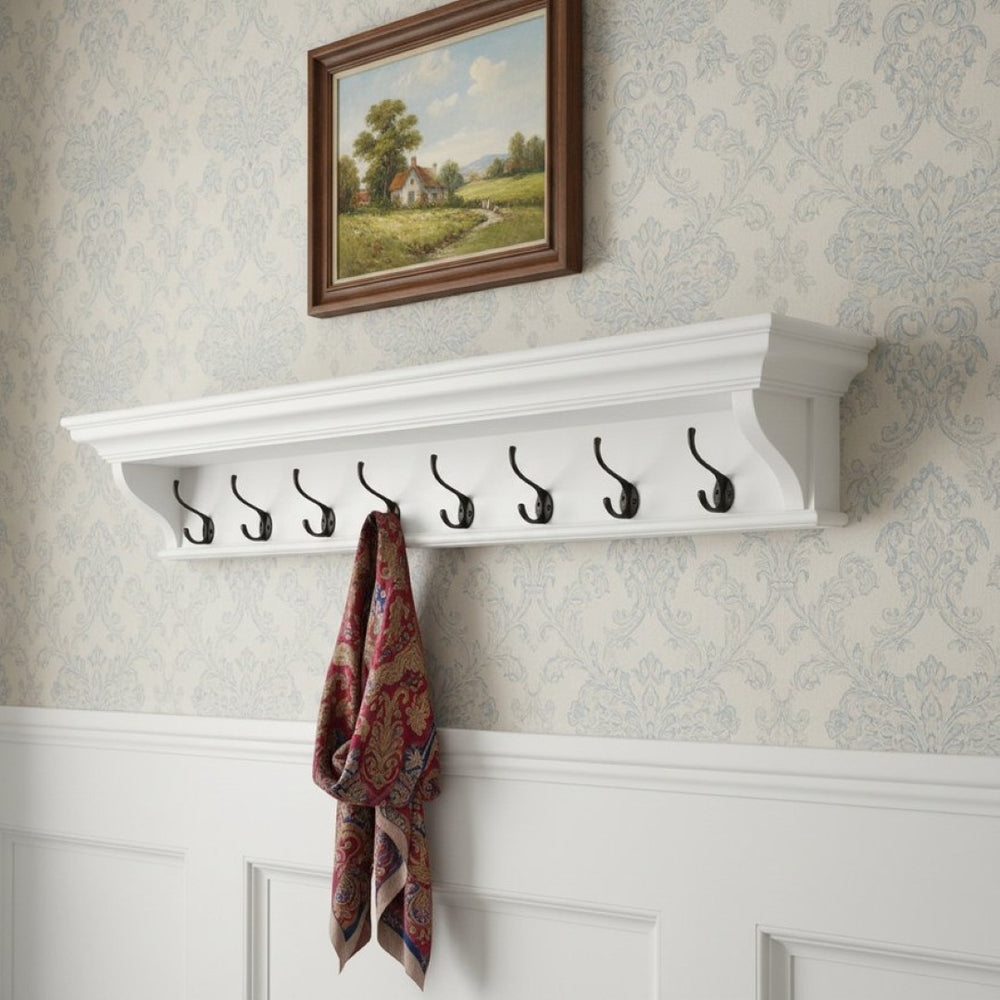 HomeRoots Classic White Wood Coat Rack with 8 Antique Brass Hooks & Shelf – Timeless Entryway Storage Solution 397776