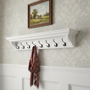 HomeRoots Classic White Wood Coat Rack with 8 Antique Brass Hooks & Shelf – Timeless Entryway Storage Solution 397776