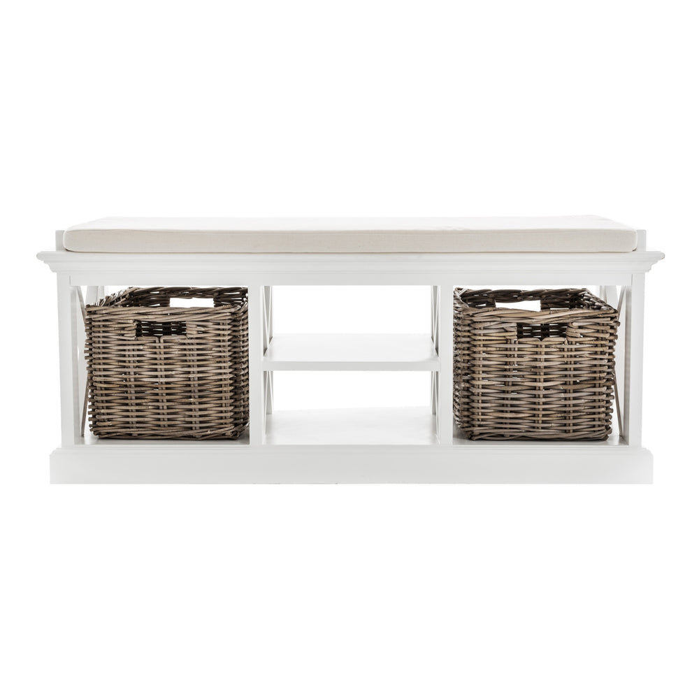 Homeroots Classic White Bench And Basket Set  Solid Wood 397794
