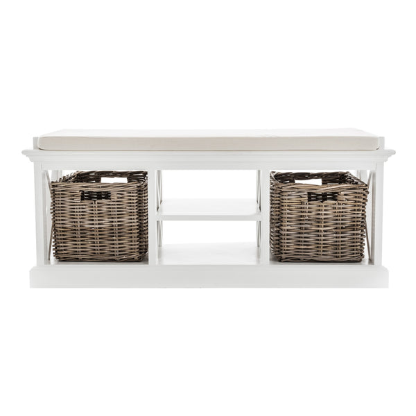 Homeroots Classic White Bench And Basket Set  Solid Wood 397794