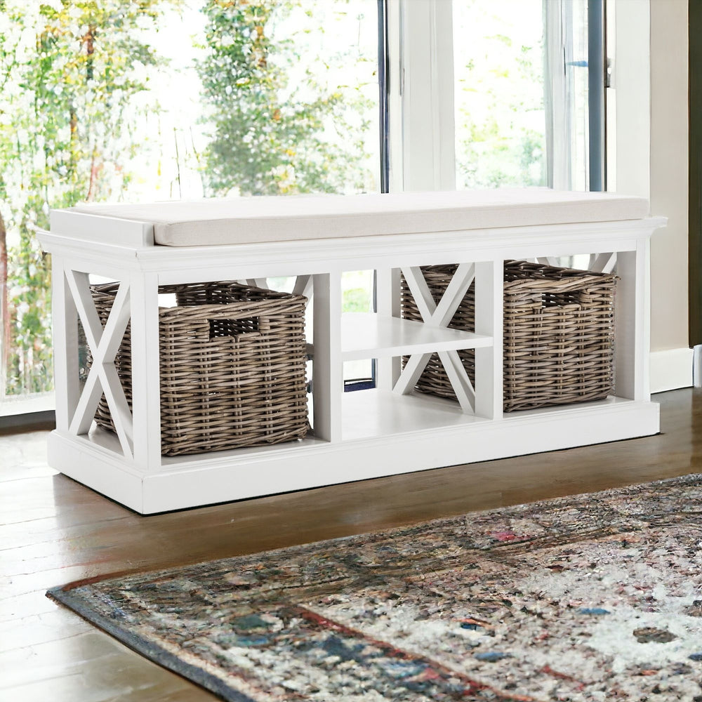Homeroots Classic White Bench And Basket Set  Solid Wood 397794