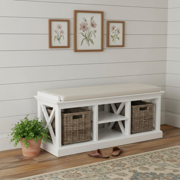 HomeRoots Classic White Bench and Basket Set - Handcrafted Mahogany Storage Solution for Elegant Interiors 397794