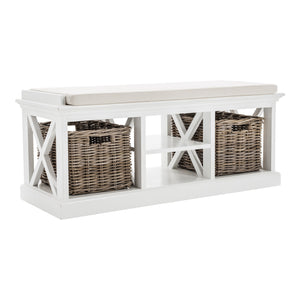 Homeroots Classic White Bench And Basket Set  Solid Wood 397794