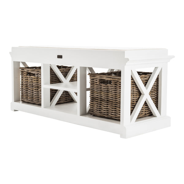 Homeroots Classic White Bench And Basket Set  Solid Wood 397794