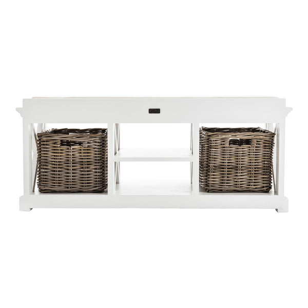 Homeroots Classic White Bench And Basket Set  Solid Wood 397794