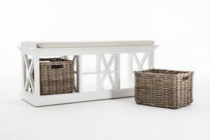 Homeroots Classic White Bench And Basket Set  Solid Wood 397794