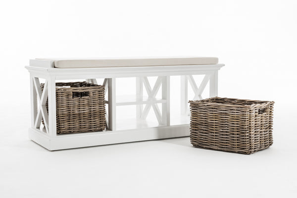 Homeroots Classic White Bench And Basket Set  Solid Wood 397794