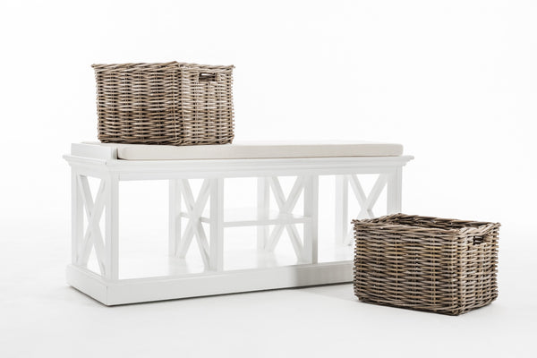 Homeroots Classic White Bench And Basket Set  Solid Wood 397794