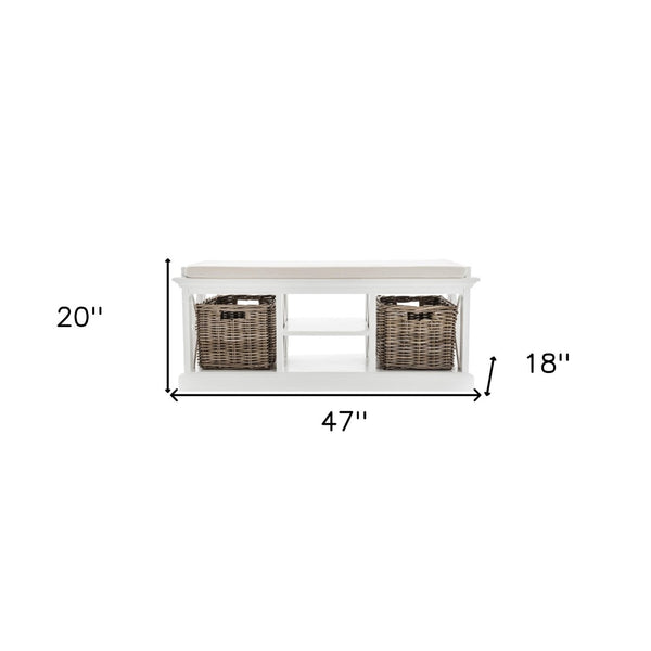 HomeRoots Classic White Bench and Basket Set - Handcrafted Mahogany Storage Solution for Elegant Interiors 397794