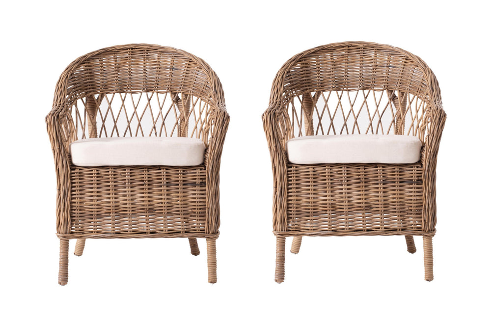 Homeroots Set Of Two Gray Brown Semi Circle Back Wicker Chairs With Seat Cushions  Rattan 397801