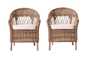 Homeroots Set Of Two Gray Brown Semi Circle Back Wicker Chairs With Seat Cushions  Rattan 397801