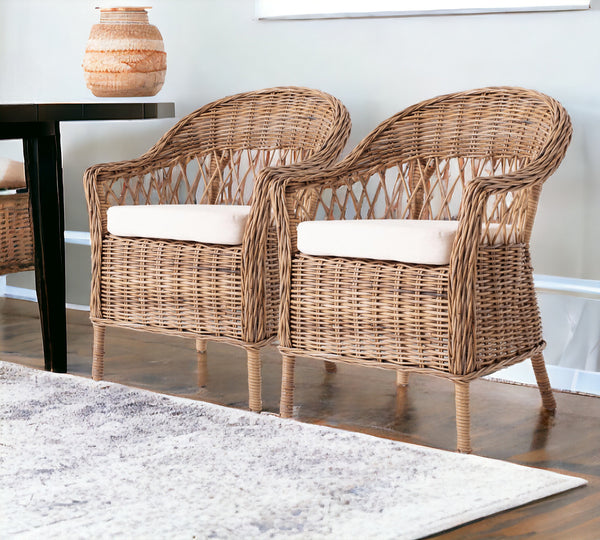 Homeroots Set Of Two Gray Brown Semi Circle Back Wicker Chairs With Seat Cushions  Rattan 397801