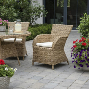 HomeRoots Set of Two Tan Textured Outdoor Dining Chairs with Beige Cushions for Elegant Patio Comfort 397803