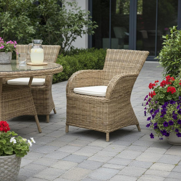 HomeRoots Set of Two Tan Textured Outdoor Dining Chairs with Beige Cushions for Elegant Patio Comfort 397803