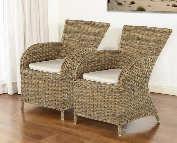 Homeroots Set Of Two Cream And Tan Rattan Dining Arm Chairs  Rattan 397803