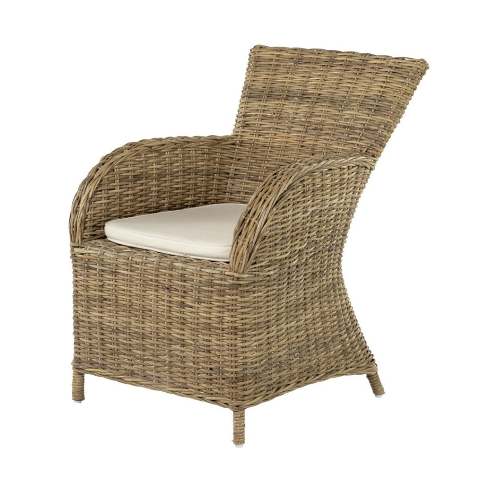 HomeRoots Set of Two Tan Textured Outdoor Dining Chairs with Beige Cushions for Elegant Patio Comfort 397803