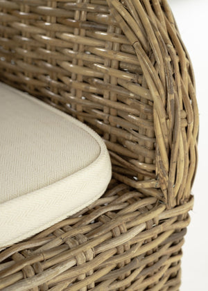 HomeRoots Set of Two Tan Textured Outdoor Dining Chairs with Beige Cushions for Elegant Patio Comfort 397803