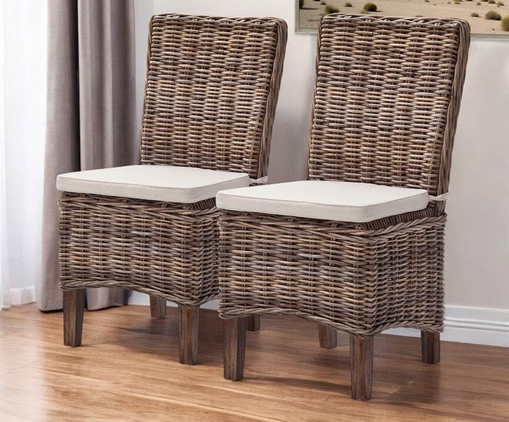 Homeroots Set Of Two Cream And Brown Rattan Dining Parsons Chairs  Rattan 397805