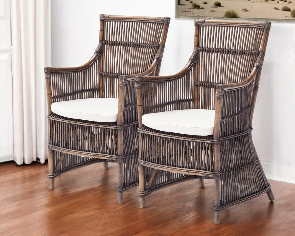 Homeroots Set Of Two Cream And Dark Brown Rattan Slat Back Dining Arm Chairs  Rattan 397825