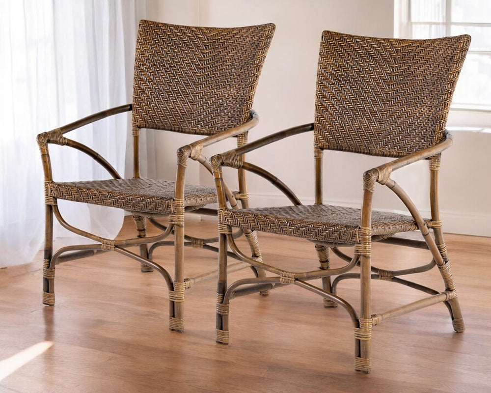 Homeroots Set Of Two Natural Rattan Open Back Dining Arm Chairs  Rattan 397827