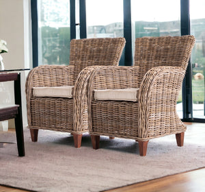Homeroots Set Of Two Natural Brown Rattan Wingback Wicker Chairs With Seat Cushions  Rattan 397830