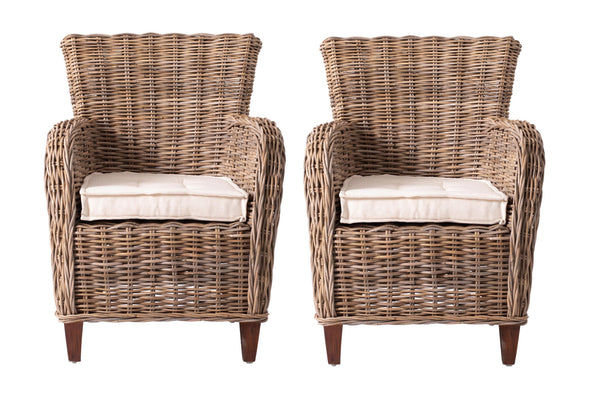 Homeroots Set Of Two Natural Brown Rattan Wingback Wicker Chairs With Seat Cushions  Rattan 397830