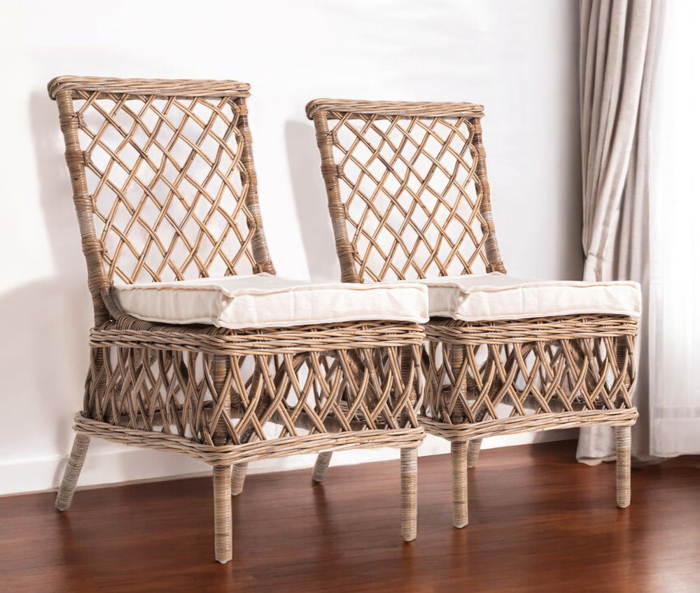 Homeroots Set Of Two Cream And Natural Rattan Cross Back Dining Parsons Chairs  Rattan 397831