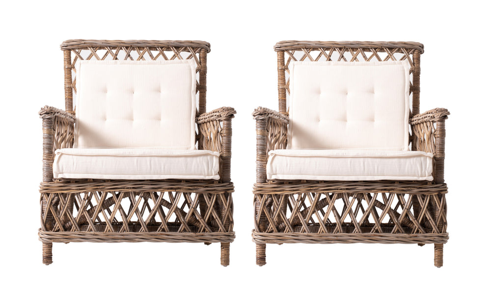 Homeroots Set Of Two Natural Lattice Wicker Arm Chairs With Seat Cushions  Rattan 397832