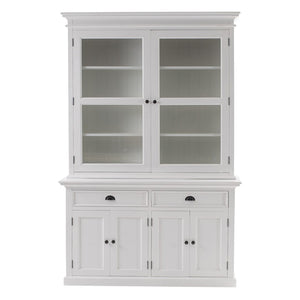 HomeRoots 57" White Solid Wood Frame Dining Hutch – Elegant Storage with Glass Doors & Antique Brass Accents 397834