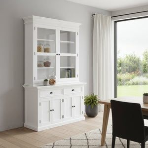 HomeRoots 57" White Solid Wood Frame Dining Hutch – Elegant Storage with Glass Doors & Antique Brass Accents 397834