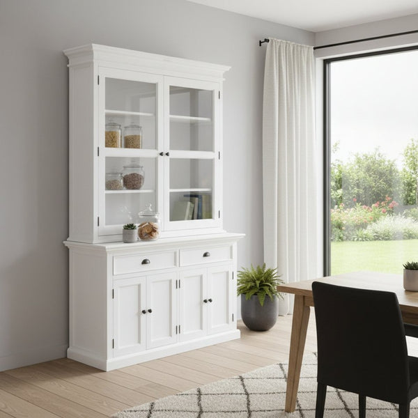 HomeRoots 57" White Solid Wood Frame Dining Hutch – Elegant Storage with Glass Doors & Antique Brass Accents 397834