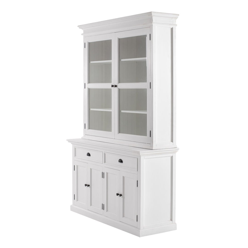 HomeRoots 57" White Solid Wood Frame Dining Hutch – Elegant Storage with Glass Doors & Antique Brass Accents 397834