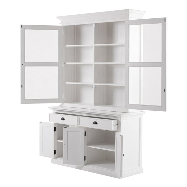 HomeRoots 57" White Solid Wood Frame Dining Hutch – Elegant Storage with Glass Doors & Antique Brass Accents 397834