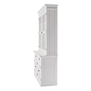 HomeRoots 57" White Solid Wood Frame Dining Hutch – Elegant Storage with Glass Doors & Antique Brass Accents 397834